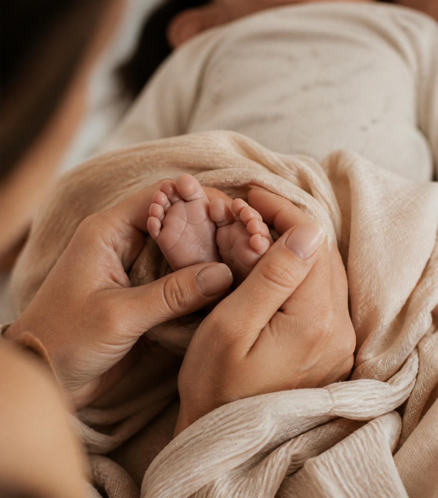 A parent's hands gently cradling a baby's feet wrapped in soft cream muslin