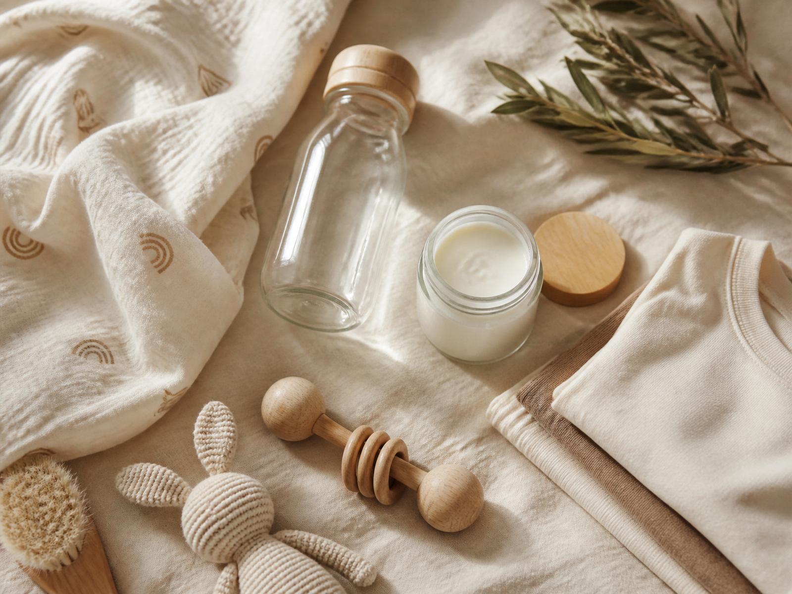Premium baby and toddler essentials arranged on warm cream linen — muslin swaddle, glass bottle, natural skincare jar, and wooden rattle